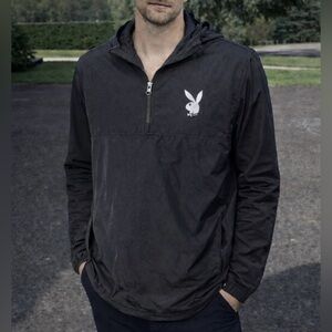 Playboy by Pacsun Windbreaker 1/4 Zip Logos Front/Back Black/White Hooded Small